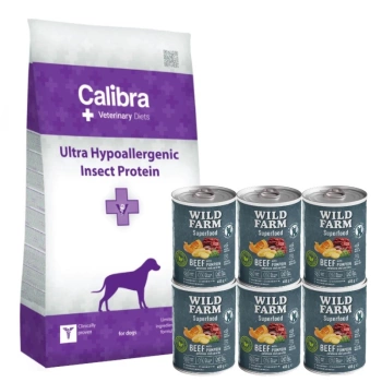 Calibra Veterinary Diets Perro Ultra Hipoalergénico Proteína de Insecto 12kg & WILD FARM Superfood Beef 6x400g alimento para perros sin cereales