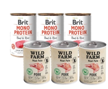 Brit Mono Protein Ternera y Arroz Integral 3x400g & WILD FARM Paté de Cerdo 3x400g alimento sin gluten para perros