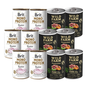 BRIT MONO PROTEIN RABBIT 6x400 g + Wild Farm Monoprotein Pork 6x400 g