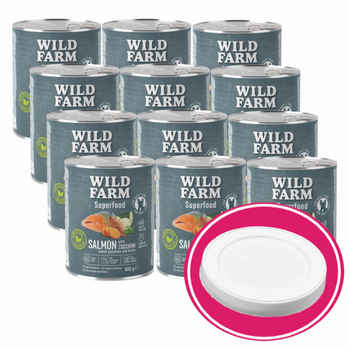 WILD FARM Superfood Salmon (Salmón con calabacines, boniatos y hierbas) 12x800g pienso para perros sin cereales + tapa de lata gratis