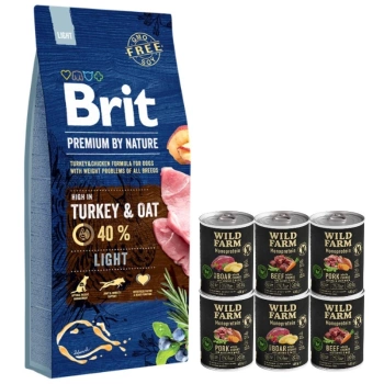 Brit Premium By Nature Light con pavo y avena 15kg & WILD FARM Monoprotein Mix Flavors 6x400g alimento hipoalergénico para perros