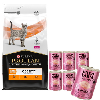 PURINA Pro Plan Veterinary Diets OM Obesity Management Gato 5kg & WILD FARM Paté de Pollo 6x400g - comida sin gluten para gatos