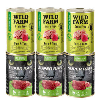 DOLINA NOTECI Super Rafi Cat P&F con carne de caza y corazones de pollo 3x400 g + WILD FARM Premium Grain Free Cerdo y Atún 3x400g - pienso sin cereales para gatos