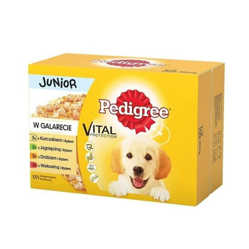 Pedigree Puppy Comida Húmeda Mezcla de Sabores Pollo y Arroz, Cordero y Arroz, Aves y Arroz y Ternera y Arroz en Jalea 12x100g