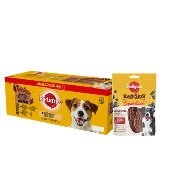 Pedigree Comida húmeda en gelatina para perros adultos Mezcla de sabores (ternera, pollo, cordero, ave) 40x100g + PEDIGREE® Ranchos™ Superalimentos con carne de res, frutos rojos y cereales integrales 70g