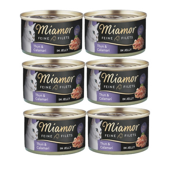 Miamor Feine Filetes en gelatina - comida húmeda para gatos con atún y calamares lata 6x100g