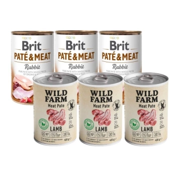 Brit Pate y Carne con Conejo 3x400g & WILD FARM Paté de cordero 3x400g alimento sin gluten para perros