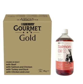 Purina Gourmet Gold Pieces en salsa 96x85g & LAB V Aceite de salmón para perros y gatos 1000ml