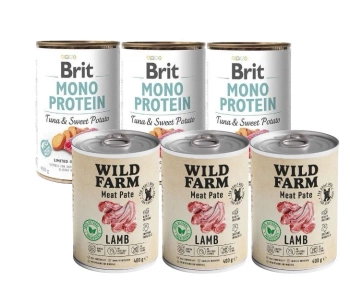 Brit Mono Protein Atún y Boniato 3x400g & WILD FARM Paté de cordero 3x400g alimento sin gluten para perros