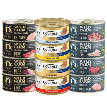 Purina Gourmet Gold mousse + WILD FARM Mezcla de sabores 8x85g + 4x70g