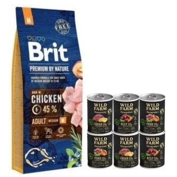 Brit Premium By Nature Adulto M con Pollo 15kg & WILD FARM Monoprotein Mix Flavors 6x400g alimento hipoalergénico para perros