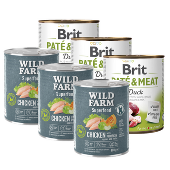 Brit Pate y Carne con Pato 3x800g + WILD FARM Superfood Chicken (Pollo con calabaza, manzana y hierbas) 3x800g pienso para perros sin cereales
