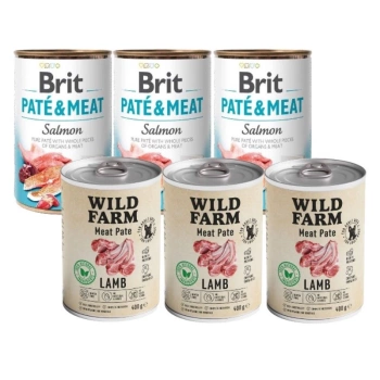 Brit Pate y Carne con Salmón 3x400g & WILD FARM Paté de cordero 3x400g alimento sin gluten para perros