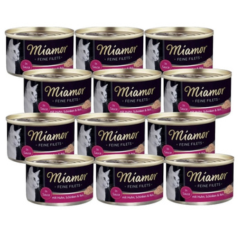 Miamor Feine Filetes en gelatina - comida húmeda para gatos pollo con jamón y arrozlata de 12x100g