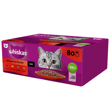 WHISKAS Adult sachets 80 x 85 g Classic Meals - comida húmeda para gatos adultos, en salsa (cortes con: ternera, pollo, cordero, ave)