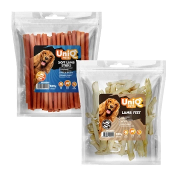 Snacks para perros UNIQ PETS 500 g Palitos de cordero y premios para perros UNIQ PETS pezuñas de cordero 300 g
