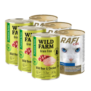 Dolina Noteci Rafi Pescado en salsa para gatos 3x415g + WILD FARM Premium Grain Free Jabalí y Pollo 3x400g - pienso sin cereales para gatos