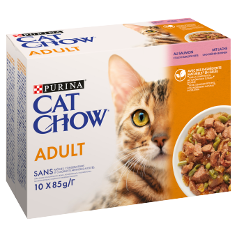 PURINA Cat Chow Pienso para gatos adultos con salmón y judías verdes en gelatina 10x85 g