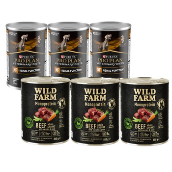 PURINA Pro Plan Dietas Veterinarias NF Función Renal 3x400g & WILD FARM Monoprotein Beef 3x800g alimento hipoalergénico para perros