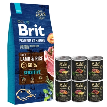 Brit Premium By Nature Sensitive con Cordero y Arroz 15kg & WILD FARM Monoprotein Mix Flavors 6x400g alimento hipoalergénico para perros