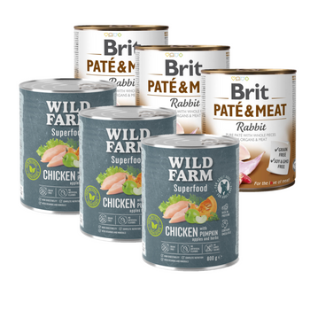Brit Pate y Carne con Conejo 3x800g + WILD FARM Superfood Chicken (Pollo con calabaza, manzana y hierbas) 3x800g pienso para perros sin cereales