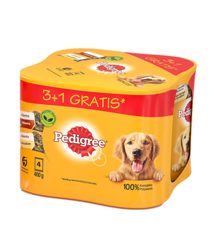 PEDIGREE Adult 3+1 CAJA 4X400G - comida húmeda en gelatina para perros (2x CON POLLO, 2x CON LECHE)