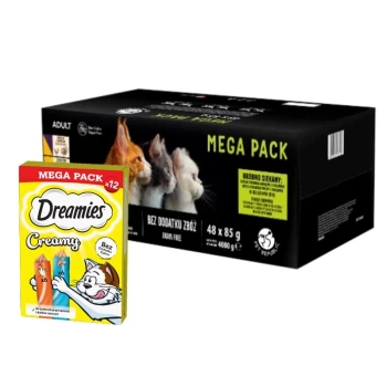 PetRepublic comida húmeda para gatos trozos en salsa delicada MIX sabores carne y pescado 48x85g & DREAMIES Cremoso de pollo y salmón 12x10g