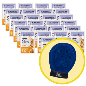 PURINA Cat Chow Pienso para gatos adultos con cordero y judías verdes en gelatina 26x85g + Guante de aseo - Cat Chow