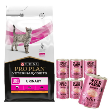 PURINA Pro Plan Veterinary Diets UR Urinary Cat 5kg & WILD FARM Paté de Pollo 6x400g - comida sin gluten para gatos