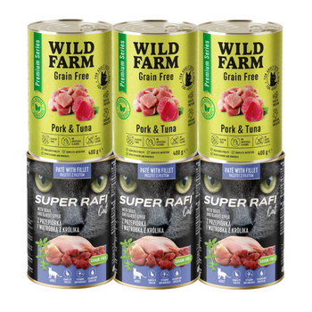 DOLINA NOTECI Super Rafi Cat P&F con codorniz y hígado de conejo 3x400 g + WILD FARM Premium Grain Free Cerdo y Atún 3x400g - pienso sin cereales para gatos