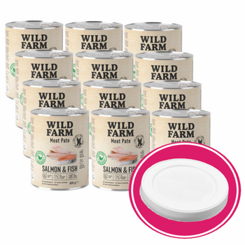 WILD FARM Pate Salmon&Fish 12x800g comida para perros sin gluten + tapa de lata gratis