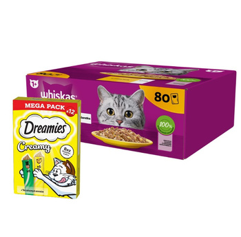 WHISKAS Adult sachet 80 x 85 g Poultry Piece - comida húmeda para gatos adultos en gelatina (piezas con: pollo, pato, ave, pavo) & DREAMIES Cremoso con queso y hierba gatera 12x10g