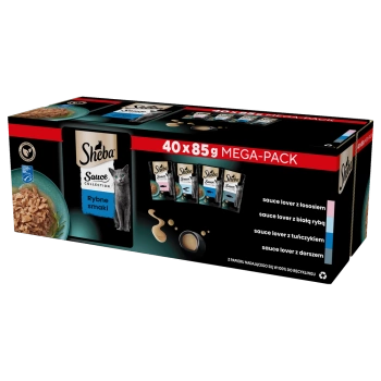 SHEBA Sauce Collection Sabores a Pescado sobres 40x85g – alimento húmedo completo para gatos adultos, en salsa