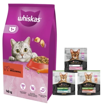 WHISKAS Alimento Seco para Gatos 1+ con Carne de Buey 14kg + comida para gatos 400g ¡GRATIS! (sabor aleatorio)