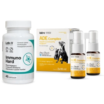 Lab-v ADE Complex – Complejo de vitaminas A, D y E en forma de spray para perros y gatos 2 x 10 ml y LAB-V Immuno Hard – Fortalecimiento de la inmunidad para perros y gatos 45 cápsulas