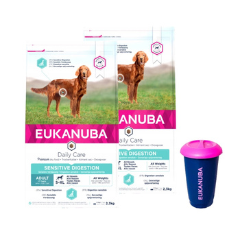 Eukanuba Dog Dry Daily Care Adult Sensitive Digestion All Breeds Pollo Bolsa 2x2.3 kg + Contenedor de comida de 4,5 kg GRATIS