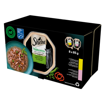 SHEBA Nature's Collection Selección de Sabores 8x85 g - alimento húmedo completo para gatos adultos, en salsa (trozos con: pollo con guarnición de pimientos rojos, salmón con guarnición de guisantes)