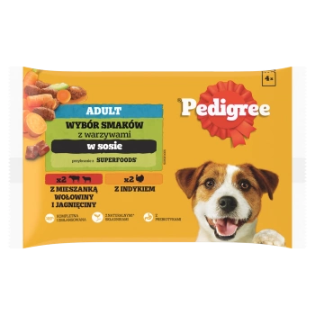 Pedigree Comida húmeda en salsa para perros (ternera y cordero, pavo y zanahorias) 4x100g