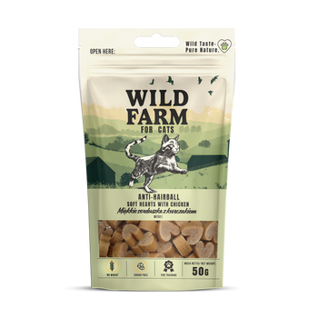 WILD FARM anti-hairball corazones de pollo blandos 50g golosinas para gatos