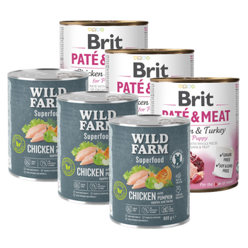 Brit Paté y Carne para Cachorro Pollo con Pavo 3x800g + WILD FARM Superfood Chicken (Pollo con calabaza, manzana y hierbas) 3x800g pienso para perros sin cereales