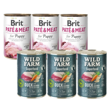 Brit Pate & Meat Puppy Pollo & Pavo 3x400g & WILD FARM Superfood Duck 3x400g alimento para perros sin cereales