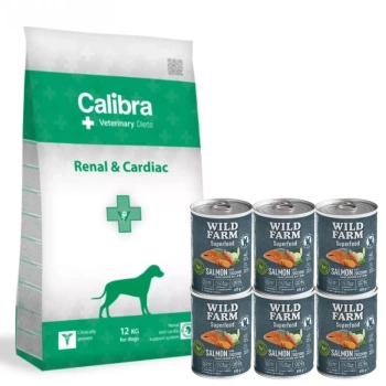 Calibra Veterinary Diets Perro Renal Cardíaco 12kg & WILD FARM Superfood Salmon 6x400g alimento para perros sin cereales