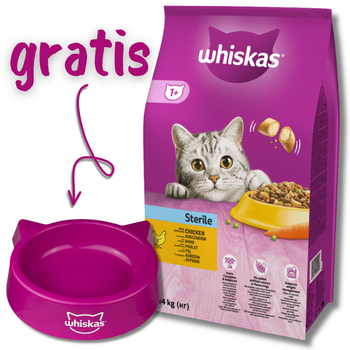 WHISKAS Comida Seca para Gatos 1+ Estéril con Pollo 14kg + WHISKAS - un cuenco para un GATO