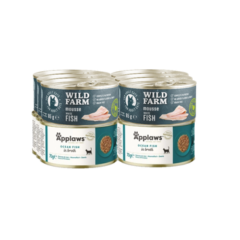 APPLAWS Pescado del Océano en Caldo Lata 6x70g + WILD FARM Mousse Pescado Blanco 6x80g - mousse sin cereales para gatos