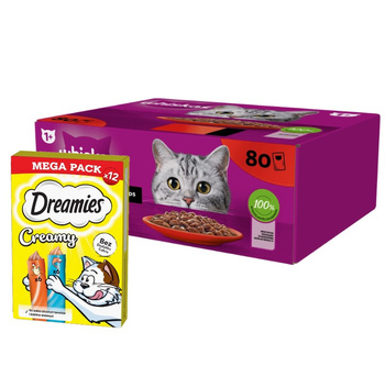 WHISKAS Adult sachets 80 x 85 g Classic Meals - comida húmeda para gatos adultos, en salsa (cortes con: ternera, pollo, cordero, ave) & DREAMIES Cremoso de pollo y salmón 12x10g
