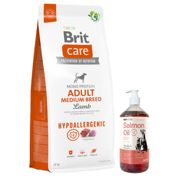 BRIT CARE Perro Hipoalergénico Adulto Raza Mediana Cordero 12kg & Aceite de salmón Lab-V 1000 ml