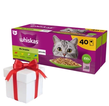 WHISKAS Adult bolsitas 40 x 85 g Mezcla de sabores - comida húmeda para gatos adultos en gelatina (cortes con: ternera, pollo, salmón, atún) + ¡Sorpresa GRATIS para el gato!