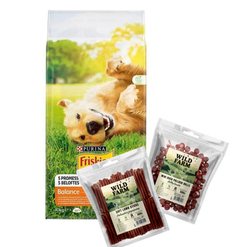PURINA Friskies Balance 15kg & WILD FARM 2 premios para perros de 500 g (SABORES MIXTOS)
