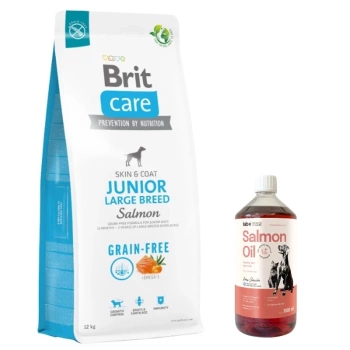 BRIT CARE Dog Grain-free Junior Large Breed Salmón 12kg & LAB V Olio di Salmone per cani e gatti 1000ml