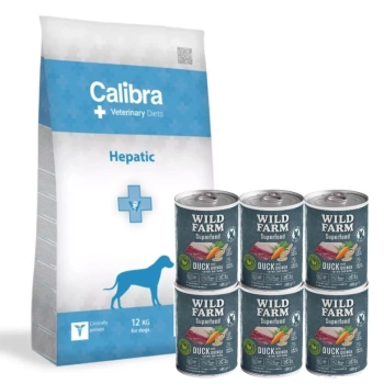 Calibra Veterinary Diets Perro Hepático 12kg & WILD FARM Superfood Duck 6x400g alimento para perros sin cereales